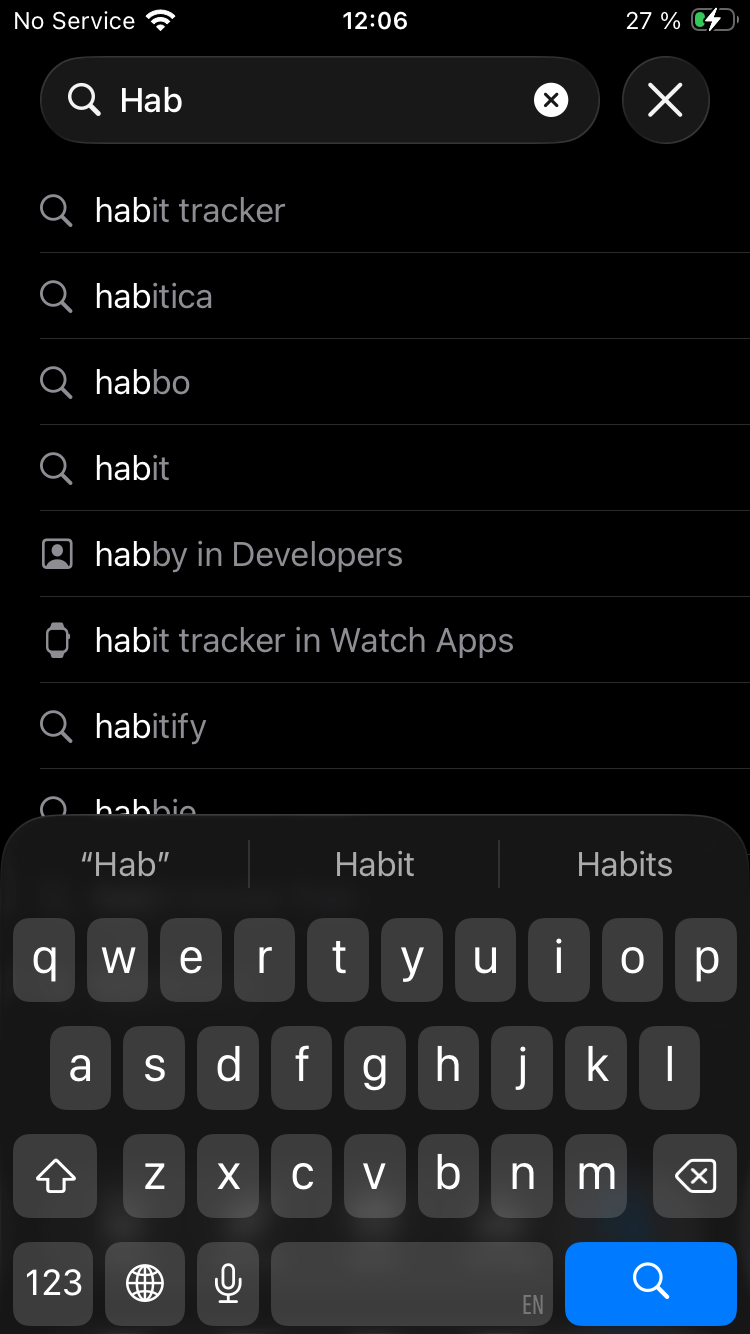 Dark-mode iPhone App Store autocomplete suggestions for Hab in Sweden